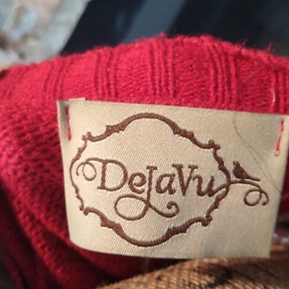 Deja Vu Red Aztec Fringe Metallic Long Duster Length Cardigan sz L - Picture 7 of 8